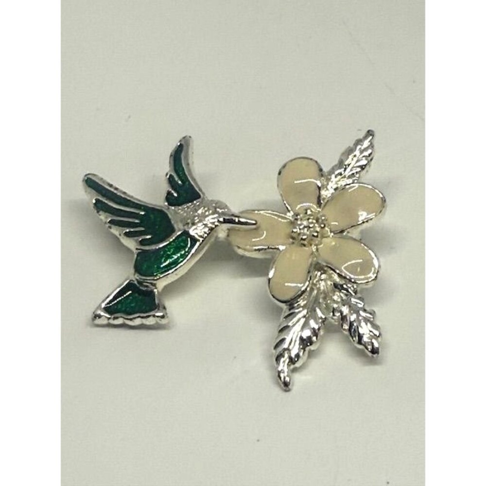 Vintage Silver Tone & Enamel Hummingbird & Flower Brooch Pin